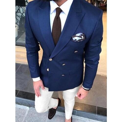 ANNIEBRITNEY Navy Blue Double Breasted 2 Piece Men Suit Groom Wedding Tuxedo Custom Peaked Lapel Men Suit With Ivory Pants