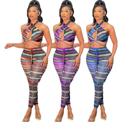 Echoine Summer Two Piece Set Sexy Stripe Print Cross Wrap Chest Halter Backless Crop Top Lace Up Trousers Lady Beachwear Outfits