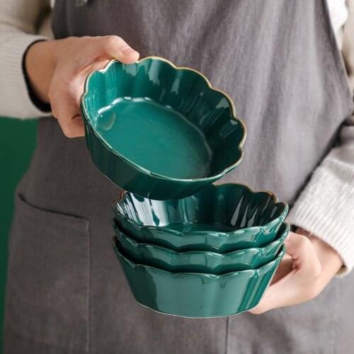 Emerald color Nordic creative ceramic salad bowl golden border dessert bowl simple light luxury wind household tableware