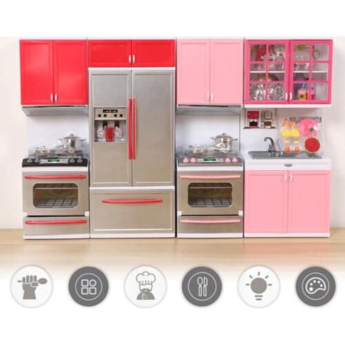 Mini Doll House Furniture LED Music Stove Fridge Kids Pretend Play Cooking Toy Funny Educational Toys Gift for children birthday