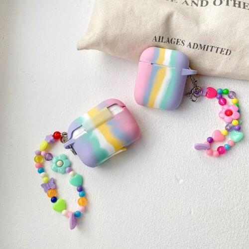 Colorful rainbow case For Airpods Case for Airpods PRO fashion flower Lanyard Keychain Silicon Earphone Cover for AirPods 2
