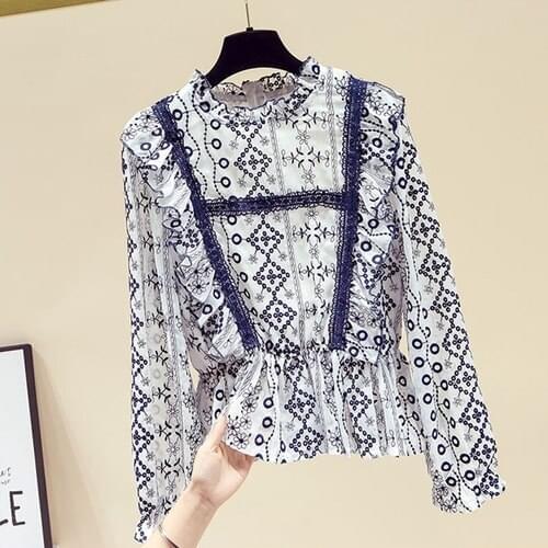 Fashion Print Shirt Woman Spring New Ruffled Stand Collar Chiffon Top Slim Fit Elegant Ladies Blouse Blusas Mujer De Moda 2021