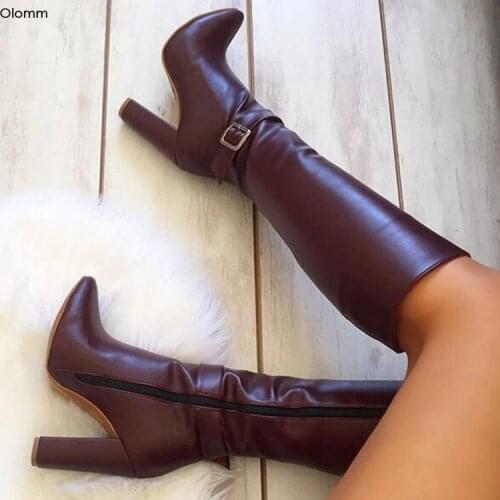 Olomm New Women Knee High Boots Sexy Square High Heels Boots Pointed Toe Gorgeous Wine Red Party Shoes Women Plus US Size 5-15