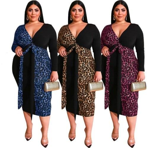 Sexy Leopard Dress Womens Plus Size Lace Up V Neck Winter Long Sleeve OL High Waist Pencil Dresses