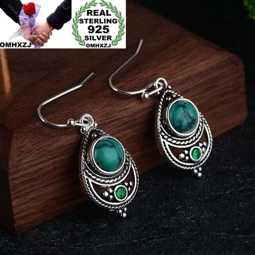 OMHXZJ Wholesale European Fashion Woman Girl Party Wedding Gift Geometric Turquoise S925 Sterling Silver Drop Earrings EA420
