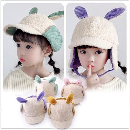 2021 Fashion Boys Girls Winter Bomber Hat Cute Rabbit Ears Hood Pilot Hats Glasses Ear Protection Cap Kids Balaclava Child Cap