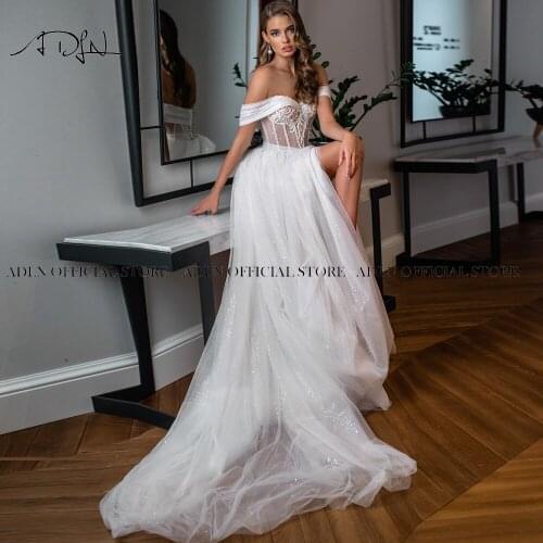 ADLN Off-shoulder Sexy Slit Wedding Dresses Illusion Bodice Shiny Tulle Long Train Bridal Gown Robe de Mariee Boho Bride Dress