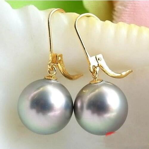 Unique Pearls jewellery Store 14mm Gray Round South Sea Shell Pearl Dangle Earring Charming Women Gift Jewelry Fast Shipping