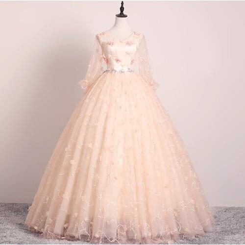 V-neck Quinceanera Dress 2021 Long Sleeve Vestidos Party Dress Floral Print Prom Formal Ball Gown Vintage Customize Size