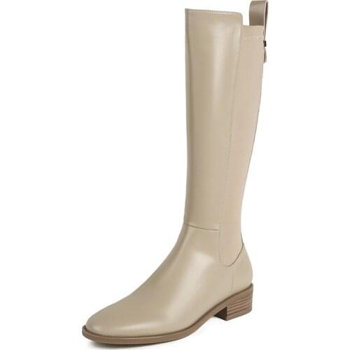 Low Heels Women Knee High Boots Elastic Microfiber 2021 Autumn Winter Warm Fur Patchwork Casual Concise Fashion Platform Shoes