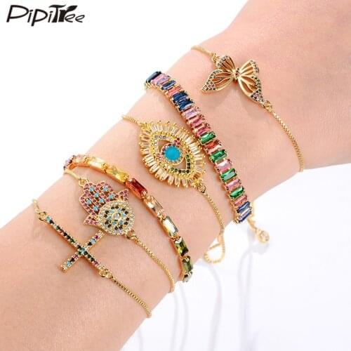 Pipitree Multi Styles Cubic Zirconia Charm Bracelet CZ Evil Eye Moon Heart Butterfly Women Bracelets Adjustable Chain Jewelry