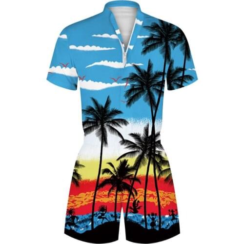 Women Men Hawaii Print Zipper Romper Playsuits Short Sleeve V Neck Fit Slim Jumpsuit Men Casual Jumpsuit Overalls Plus Size