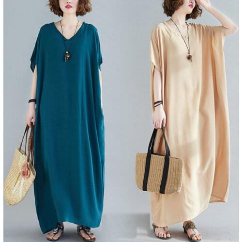 Summer New Women Dress Bohemia Style Elegant Home Daily Smooth Comfortable Loose V-Neck Solid Multi-Color Sweet Midi Vestidos