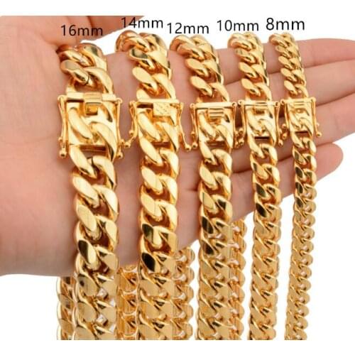 Gold 316L Stainless steel cuban curb link chain necklace mens necklace 8mm/10mm/12mm/14mm/18mm wide 24 inch for Hip-HOP