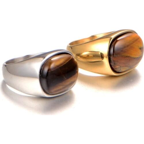 Natural Onyx Tiger Eye Big Turkish Rings For Men Vintage Gold/Silver Color Stainless Steel Oval Ring Fashion Turkish Jewelry