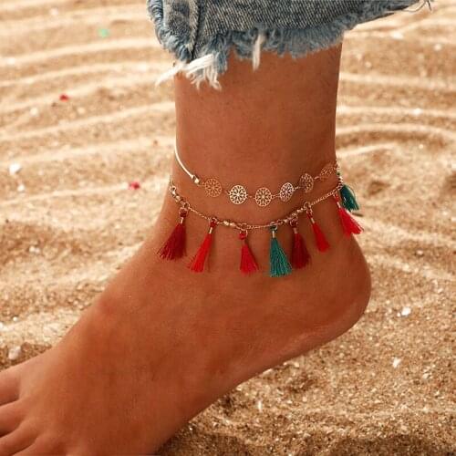Ethnic Women Boho Double Layers Hollow out Flower Anklet Charm Jewelry Cotton Fringed Tassel Foot Bracelet pulseira feminina