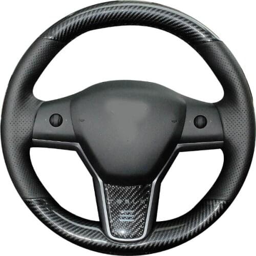 Interior DIY 5D Black Carbon Fiber&Black Hole Leather Steering Wheel Hand Sewing Wrap Cover Fit For Tesla model 3 2017-2020