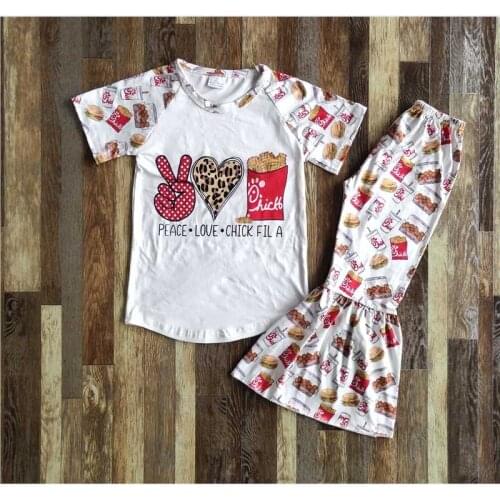 Children Clothing Girls Spring Summer Scissor Hands Leopard Print Love Fries Burger Kola Flared Pants Set