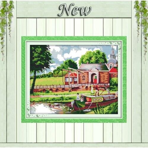 Riverside scenery Vietnam house diy painting counted printed on fabric DMC 11CT 14CT kits Cross Stitch embroidery needlework Set
