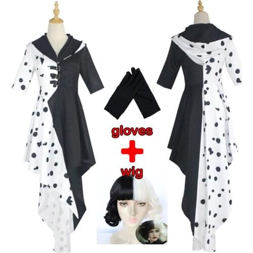Movie Cruella De Vil Cosplay Costumes 101 Dalmatians Adult Womens New Fashion Black White Dress Wig Halloween Party Clothes