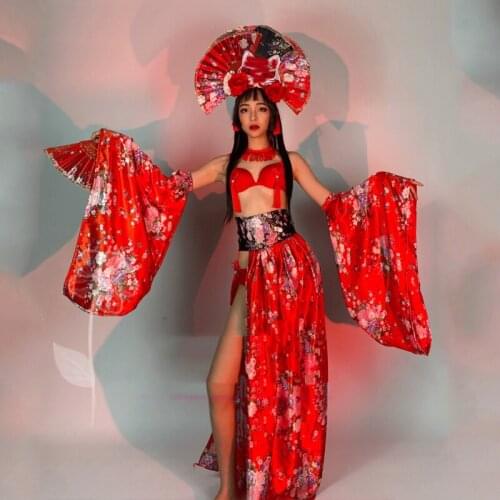 Red Kimono Nightclub Female Singer Sexy Stage Performance Costume GoGo Dancer Bikini Suit Festival Clothing Rave Outfits DWY6111