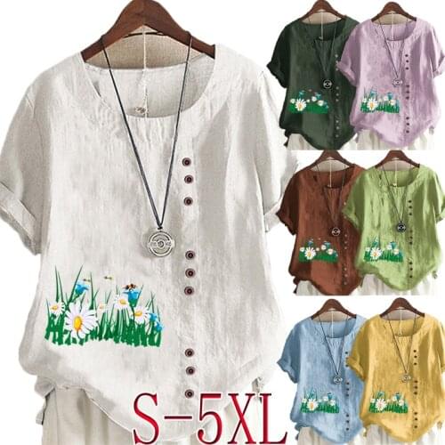 Summer Casual Flowers Print Loose T-shirts Vintage Cotton and Linen O-Neck Plus Size Short Sleeve Blouse Tops For Women S-5XL