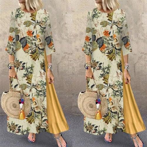 Linen Long Maxi Dress Bohemian Beach Dress Women Floral Half Sleeve Loose Stitching Casual Boho Sundress Vestidos Plus Size 5XL