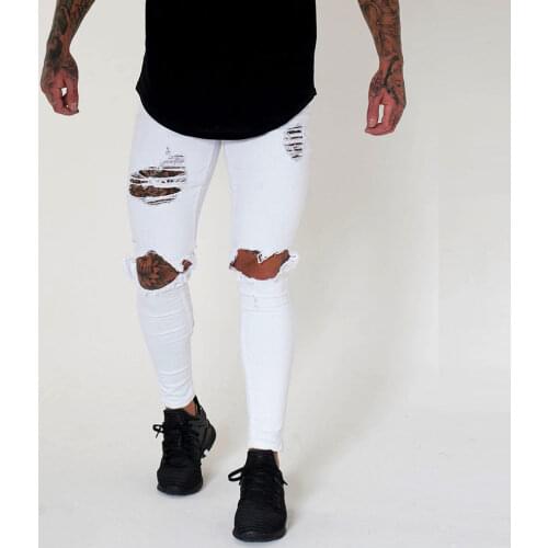 2021 Hole Jean Men Fashion Skinny Stretch Denim Pencil Pants Distressed Ripped Freyed Biker Slim Fit Jeans Trouser Size 28-36