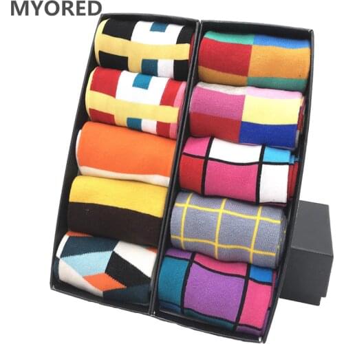 MYORED Hot Sale mens casual sokken four seasons plaid banquet business socks for men causal dress wedding gift