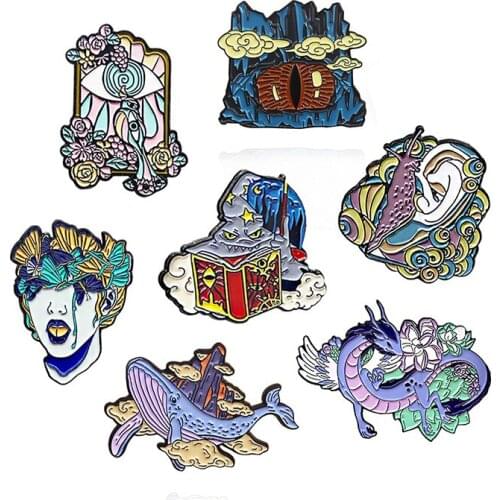 Newest Custom Brooch dragon whale cave peacock eye Ears butterfly Crying face devil wizard book Enamel Pin lapel badges