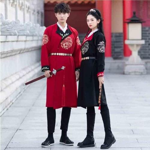 Couples Hanfu Chinese Ancient Traditional Red Black Long Coat Jacket Outfit Adult Halloween Costume For Men/Women Plus Size XXL