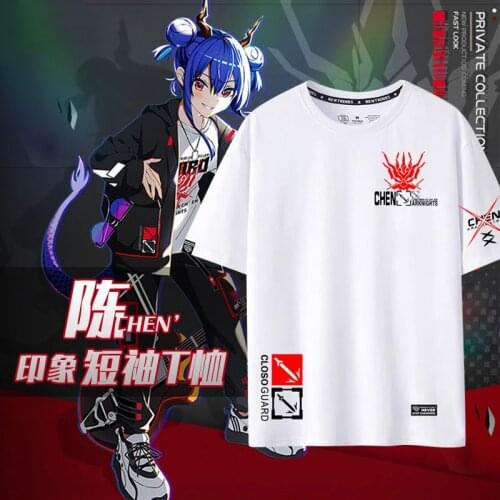 Game Arknights chen sir Cosplay Casual couple short sleeve Fake Hooded Korean T-Shirt Tops Fashion Autumn teenagers embroidery