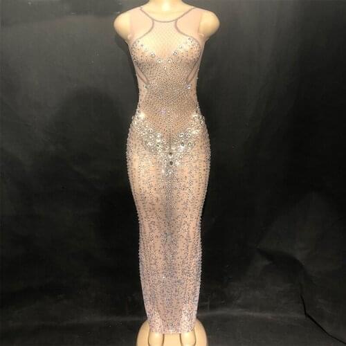 See Through Mesh Full Rhinestone Dress Birthday Celebrate Dress Prom Party Big Stones Female Singer Outfit Sexy Tassel Clothes