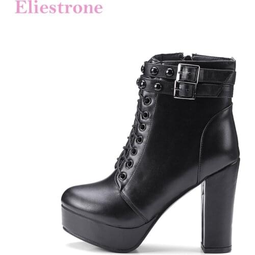 Sale Brand New Winter Glamour Black Brown Women Platform Ankle Boots Lace up High Heels Lady Shoes S26 Plus Big Size 12 43 45 48