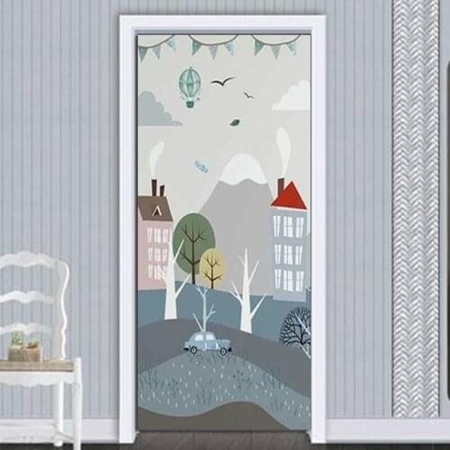 Hand Painted Cartoon House Tree Mountains Door Sticker PVC Waterproof Self-adhesive Photo Mural for Kids Bedroom Wall Decoration