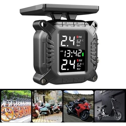 Waterproof Solar Motorcycle TPMS LCD Wireless Tire Pressure Monitoring Tyre Temperature Alarm System with 2 External Sensors