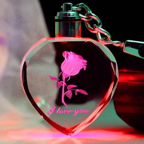 Rose Flower LED Light Keychain Luminous Fairy Crystal Keychains Colorful Rose Heart Key Chains Rings For Valentines Day Gift