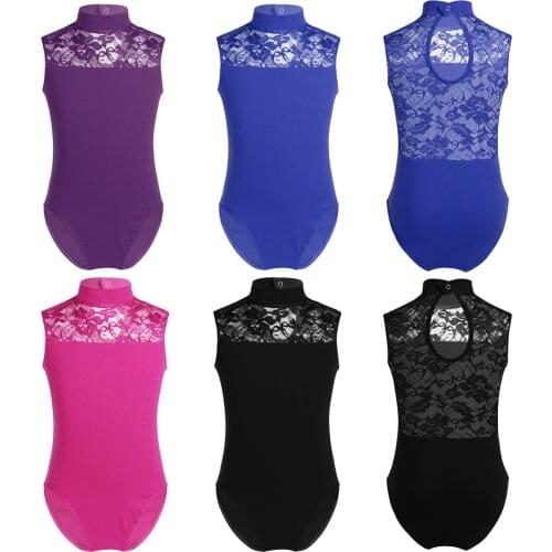 Kids Leotard Sleeveless Turtle Childrens clothing Neck Lace Back Ballet Dance Gymnastics Leotard Jumpsuit For girls SZ 5-14