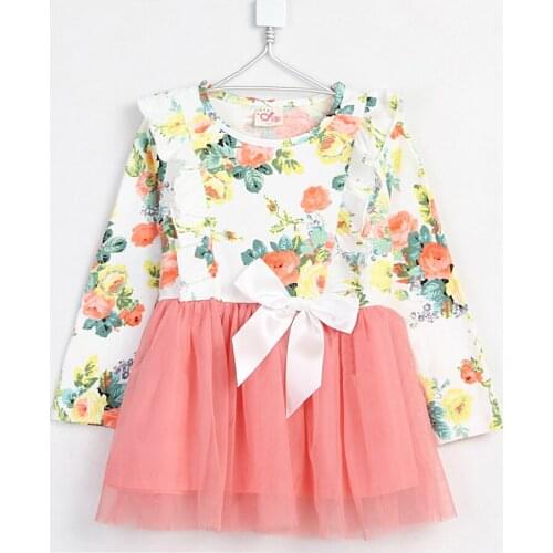 Spring Korean Style Floral Pattern Little Girls Mesh Long Sleeve Cute Above-knee Dress 2309
