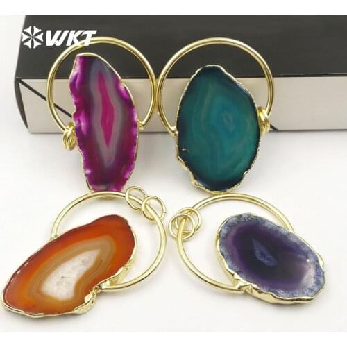 WT-P1411 WKT New style colorful pendants natural slice stone with round shape rings gold metal electroplated for necklace making