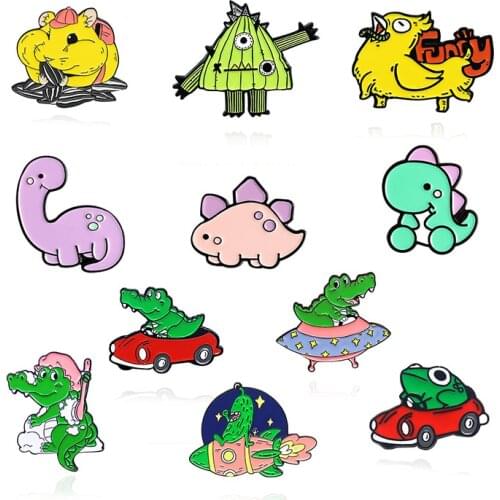 Yellow green cartoon fun animal Enamel Brooch Dinosaur crocodile frog Cockerel Lapel Pin Rocket vehicle UFO Custom Badge