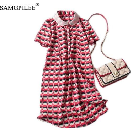 Women Clothing Summer 2020 Office Lady A-line Print Plus Size Dress Knee-length Empire Peter Pan Collar Summer Dress For Women