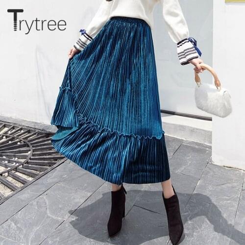 Trytree Autumn Winter Woman Casual Pleated Corduroy Skirt Elastic Waist Solid 7 colors Skirts A-Line Mid-Calf Ruffles Hem Skirt