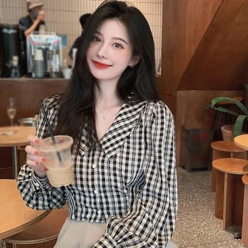 Doll Collar Short Retro Plaid Button Shirt Womens Casual Long-Sleeved Shirt Loose All-Match Top