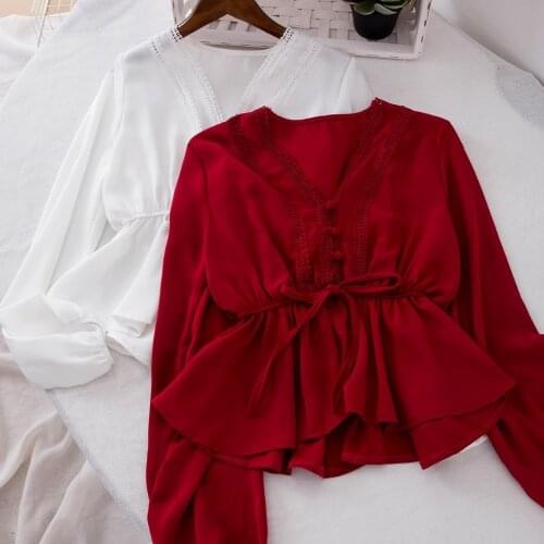 Women bohemian shirt female autumn spring Thailand style boho ethnic v neck long sleeve white red black blouse blusa