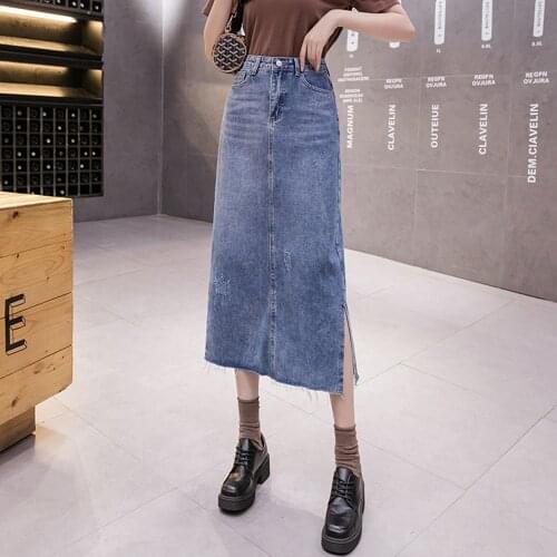 New Summer Style Women Skirts Plus Size 5XL Casual Loose Pockets Solid Side Hem Slit Jeans For Females Larger Denim Middle Skirt