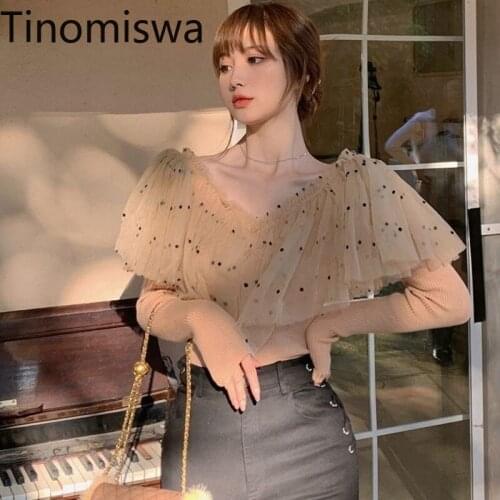 Tinomiswa Dot Print Mesh Knitted Tops Women 2021 Patch Fashion Ladies Knit Pullovers Elegant Slim Korean Style Decorative Top