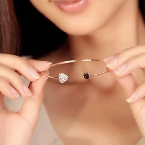 Women Love Heart Shape Cuff Bracelet Simple Style Gold-Plateing Rhinestone Bangle GirlsBest Gift