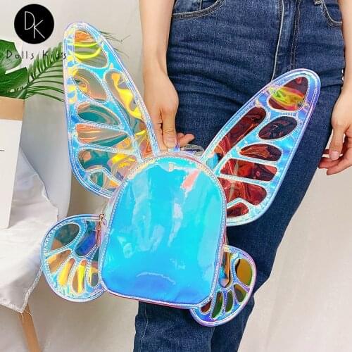 Cute Womens Laser Small Backpack Butterfly Angel Wings Daypack for Girls Travel Casual Daypack School Bag Holographic Leather