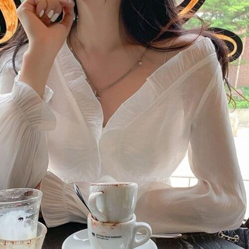 Womens Chiffon Office Lady Tie-up Crop Tops Spring Autumn Sexy Long Sleeve V Neck Solid Color Ruffle Trim Blouse